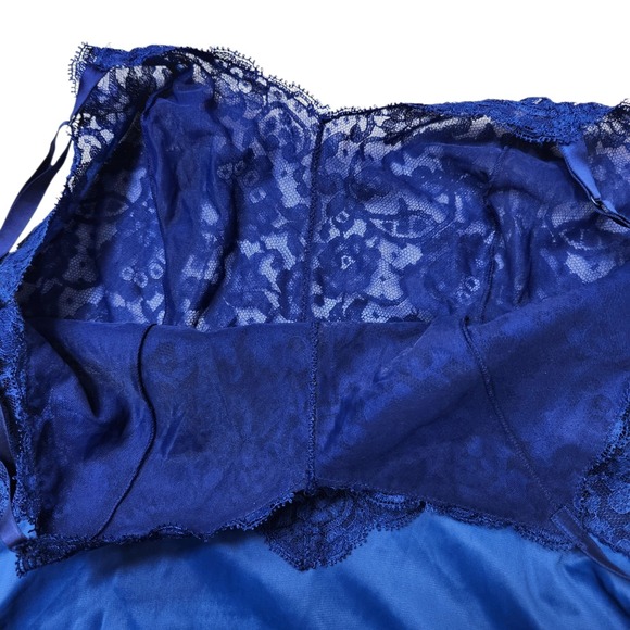 VTG Vintage Vanity Fair Size 8 Royal Blue Nylon Slip Dress Midi Length Lace Trim - Picture 7 of 11